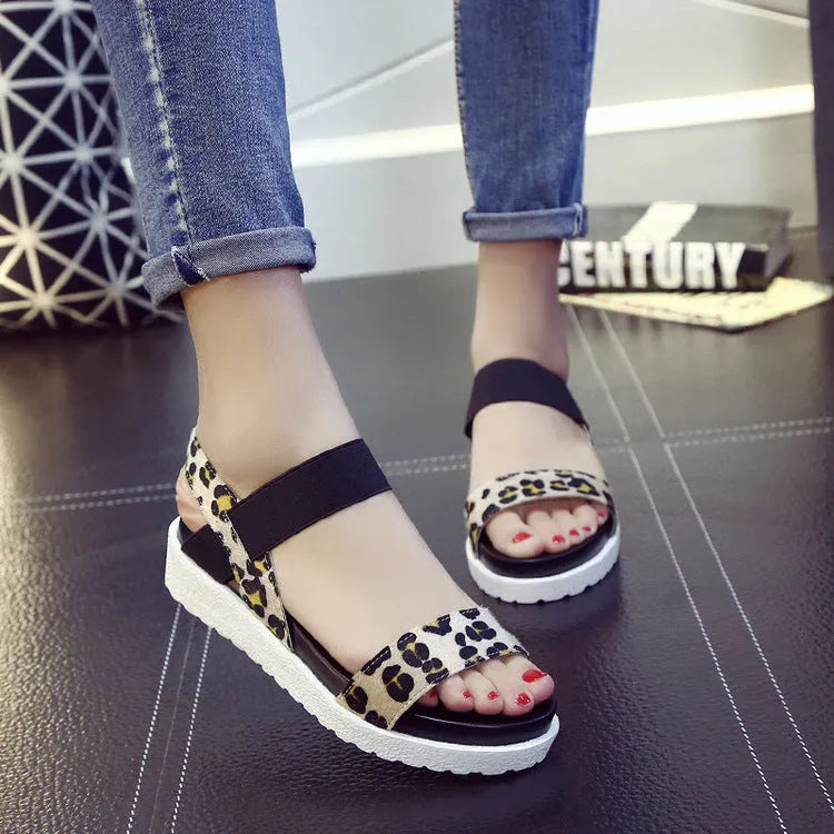 Elastic wedge sandals round toe low heel 1-3cm PU lining fashion sandals available in black leopard print silver white