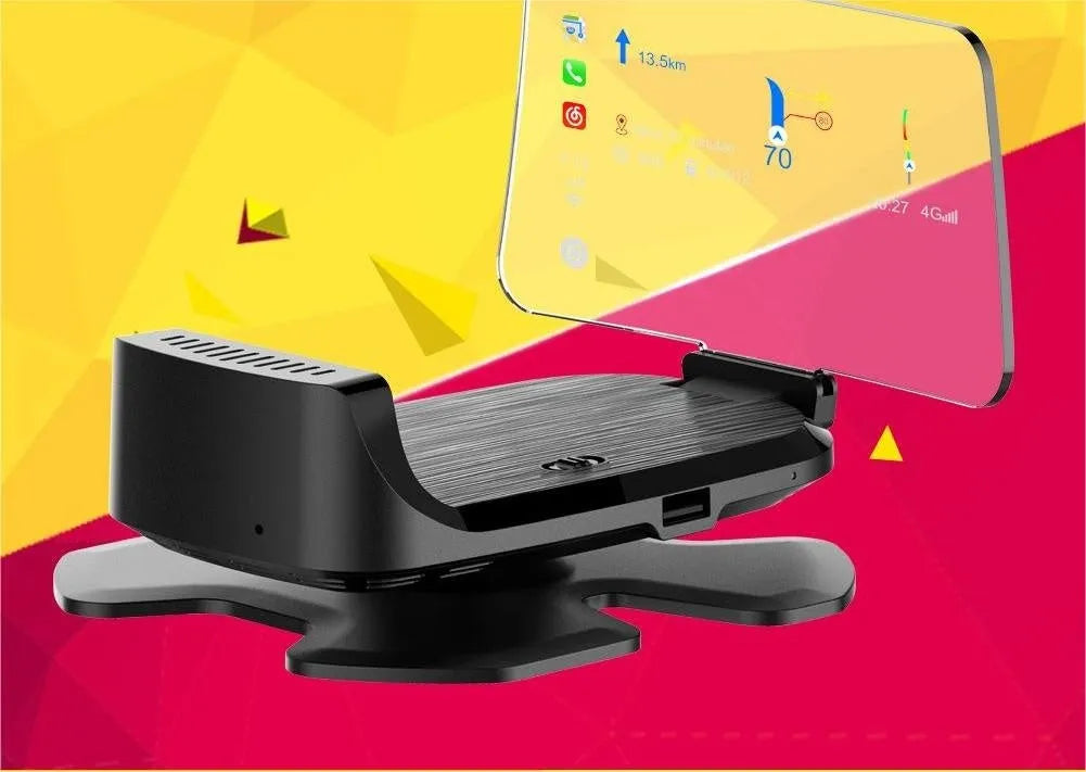 Black HUD head-up display unit for cars with CarPlay and Android Auto projection via OBD connection