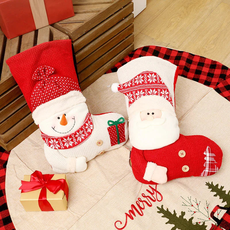 Premium knitted Christmas stocking with Santa Claus or snowman design, perfect for holiday decor and gift-giving