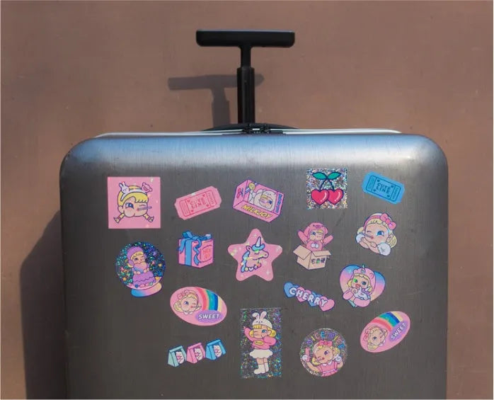 PVC cartoon sticker set with Korean-style cute girl designs and heart motifs in storage box