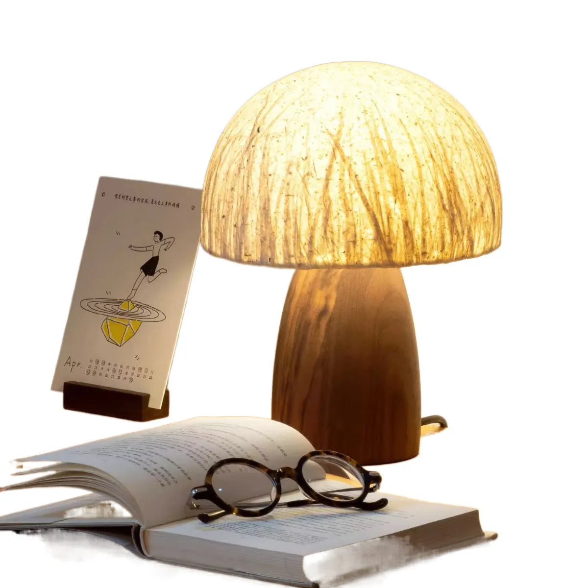 Handmade black walnut mushroom lamp with Japanese style ambient glow on tabletop