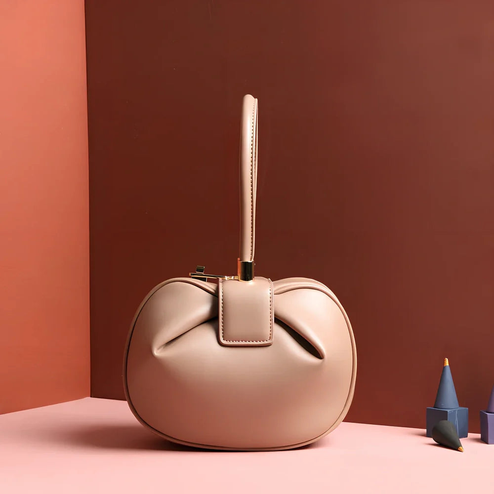 Women's cowhide leather tote bag in tramp shape with single handle and buckle, available in apricot, black, and other colours, big size 35cm x 40cm