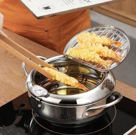 Telescopic stainless steel frying basket with removable thermometer, suitable for gas and induction cooking