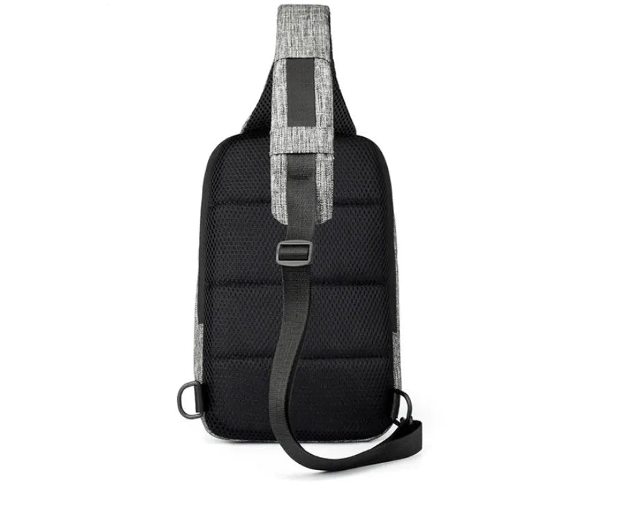 Dark blue waterproof oxford cloth chest bag with a single strap and front zipper.