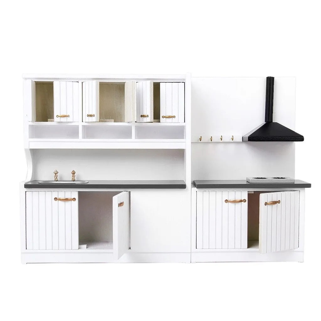 White European-style dollhouse kitchen cabinets with working doors and round metal handles