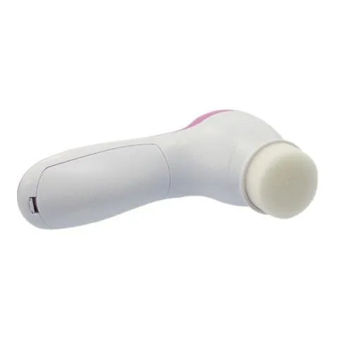 Electric facial cleanser brush with 5 attachments in pink, compact size, on white background