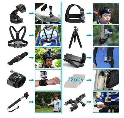 Black camera accessories kit with various mounts and straps for secure photography setup