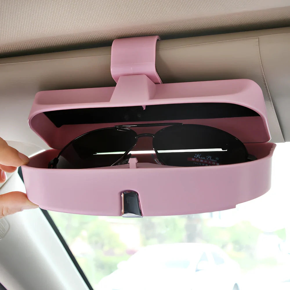 Beige car visor glasses clip, 170mm silver coated steel with electrostatic film, secures sunglasses on sun visor