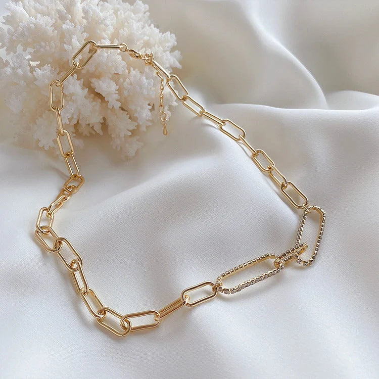 Vintage Cold Wind Zircon Metal Chain Necklace in gold with electroplating