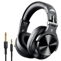 Head-mounted wireless Bluetooth monitor headset in black with 40mm speaker and coiled audio cable
