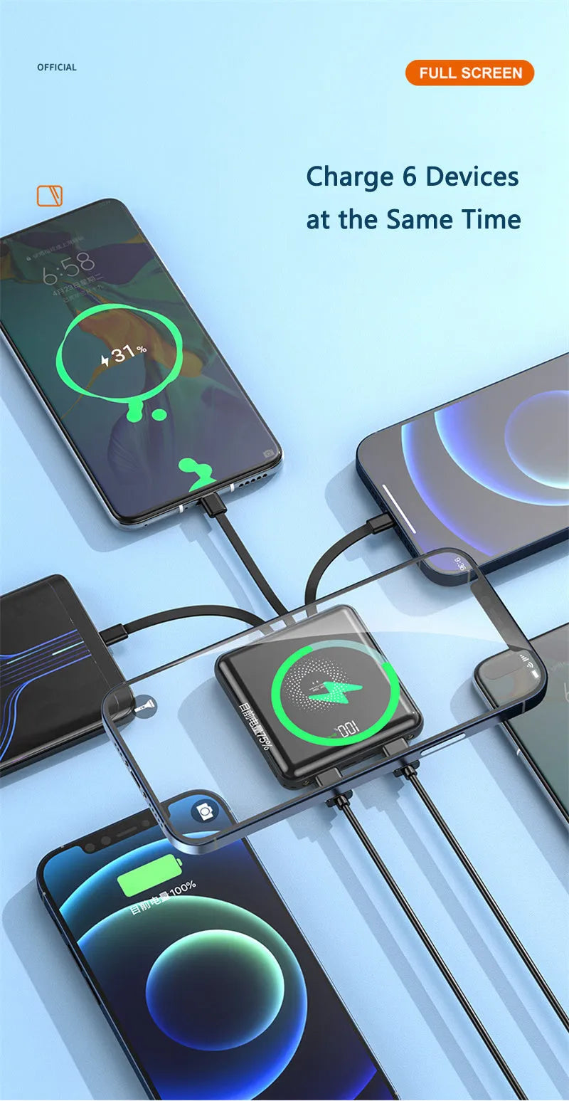 Compact 20000mAh portable power bank with LCD display, shown in black, green, and red colour options.