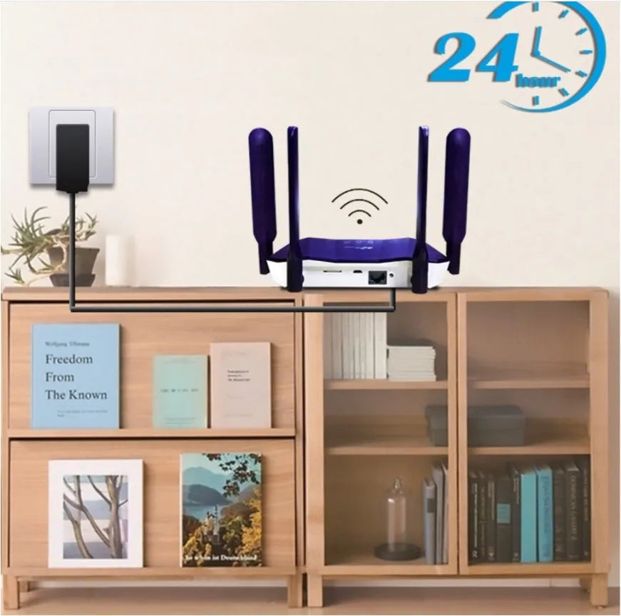 Blue 4G dual-mode wireless router with four extended antennas on a white background.