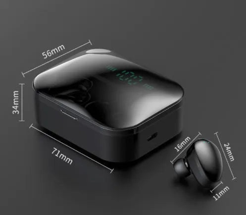 TWS Bluetooth earphones with 3600mAh charging case, 8mm drivers, waterproof, in black on white background