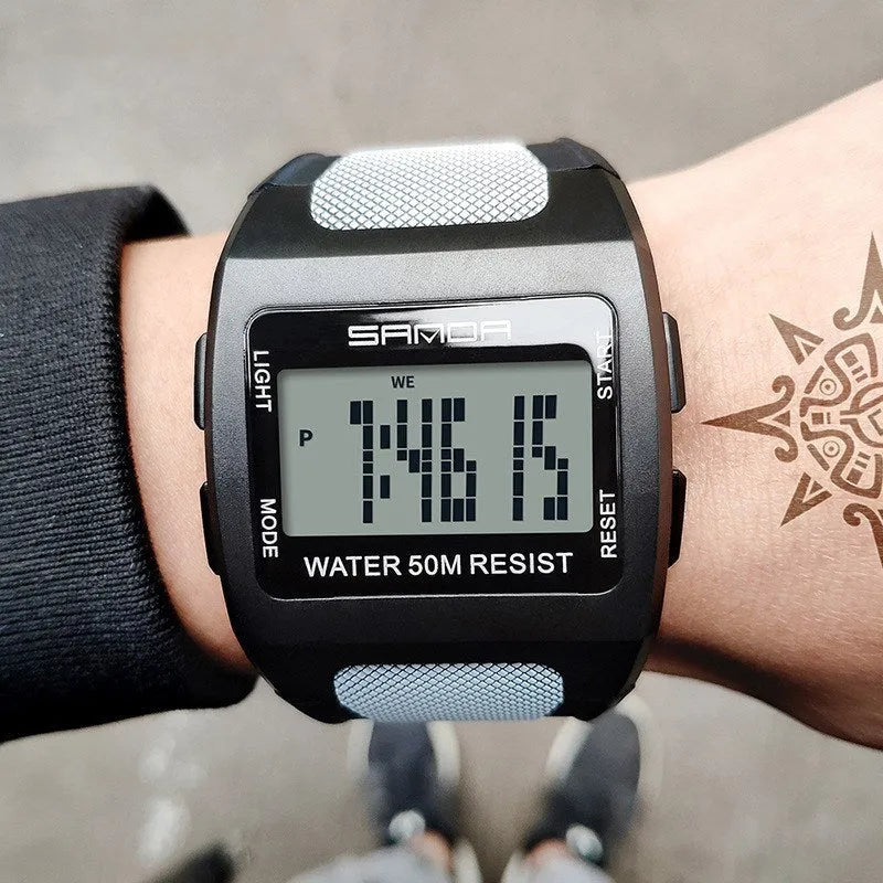 Sanda sports digital watch with black resin strap showing time and date on display