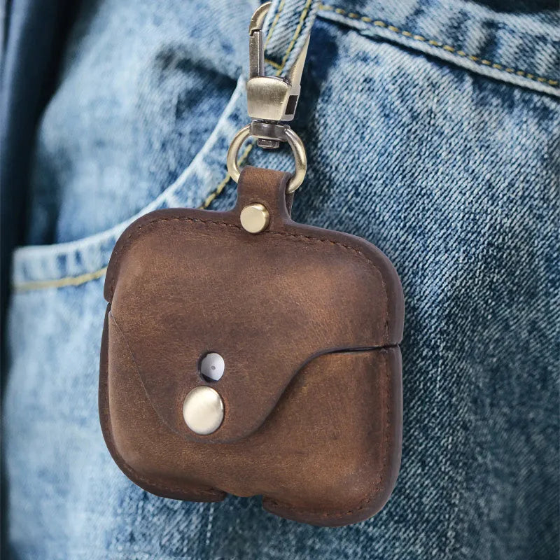 Brown leather AirPods Pro case with vintage clamshell design and crazy horse pattern texture