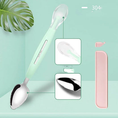 Stainless steel sawtooth scraping spoon for grapefruit and desserts in sky blue, cherry pink, and mint green