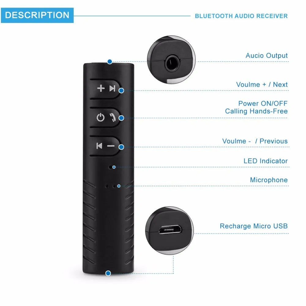 Black Bluetooth car audio receiver with 3.5mm adapter for wireless music streaming in vehicles