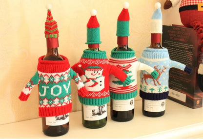 Knitted Christmas Bottle Set with festive designs including Joy, Christmas tree, elk, and snowman