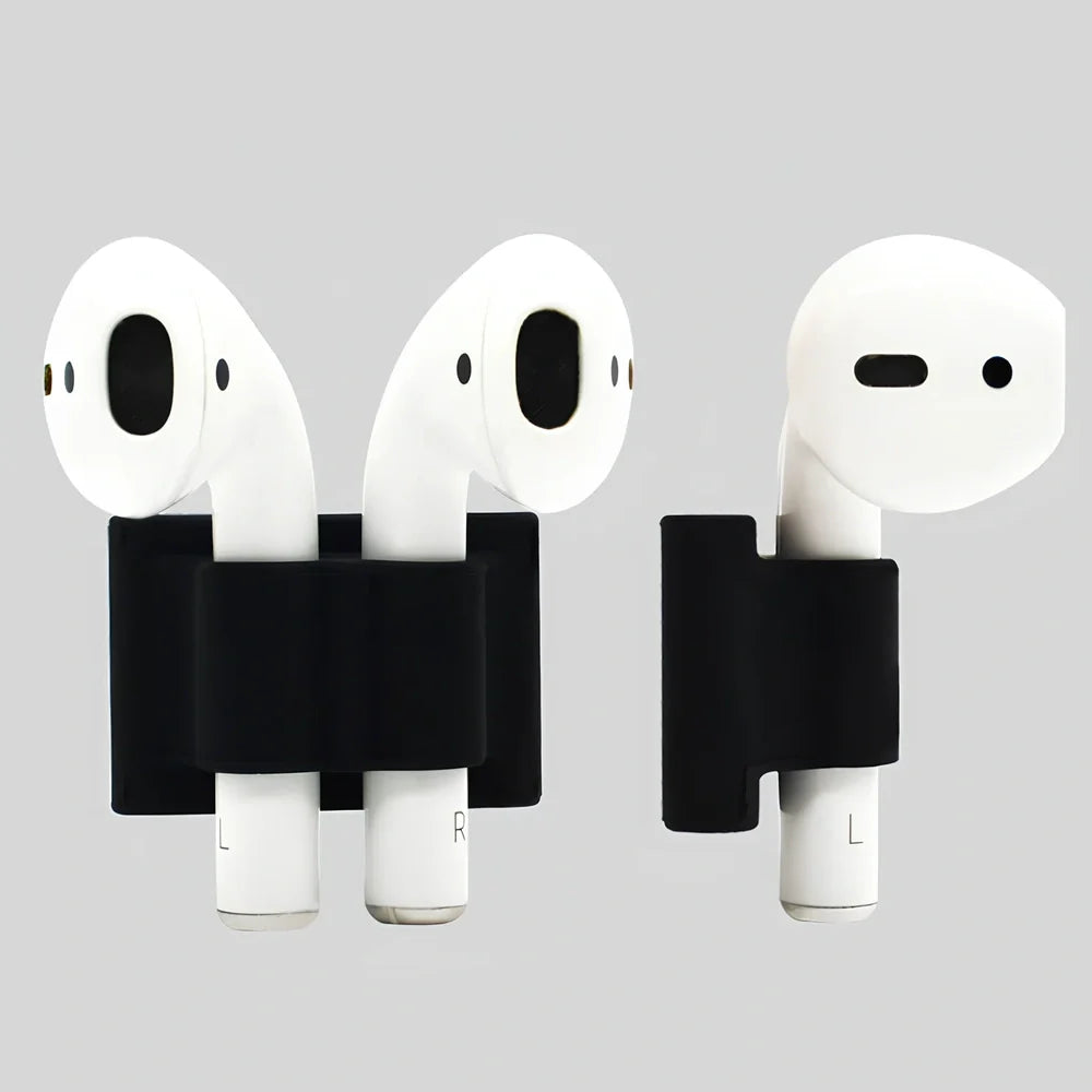 Black silicone protective cover for AirPods with 10cm anti-loss rope, hanging buckle, and earplug sleeves, weighing 36g total