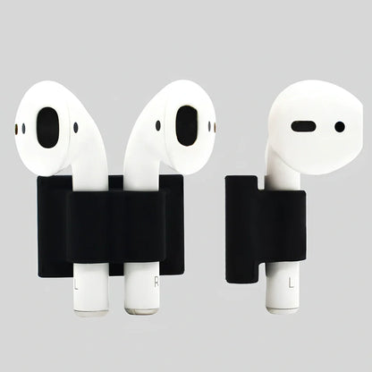 Black silicone protective cover for AirPods with 10cm anti-loss rope, hanging buckle, and earplug sleeves, weighing 36g total