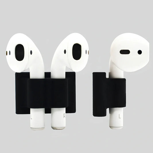 Black silicone protective cover for AirPods with 10cm anti-loss rope, hanging buckle, and earplug sleeves, weighing 36g total