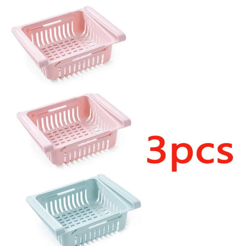 Stretchable refrigerator storage basket in white, blue, pink, and apricot colours