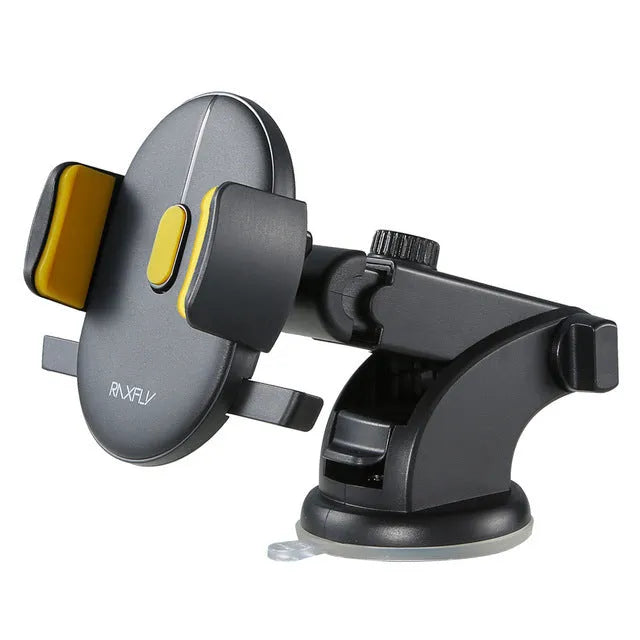 Black telescopic car dashboard phone holder with suction cup extended, showing 360-degree rotation.