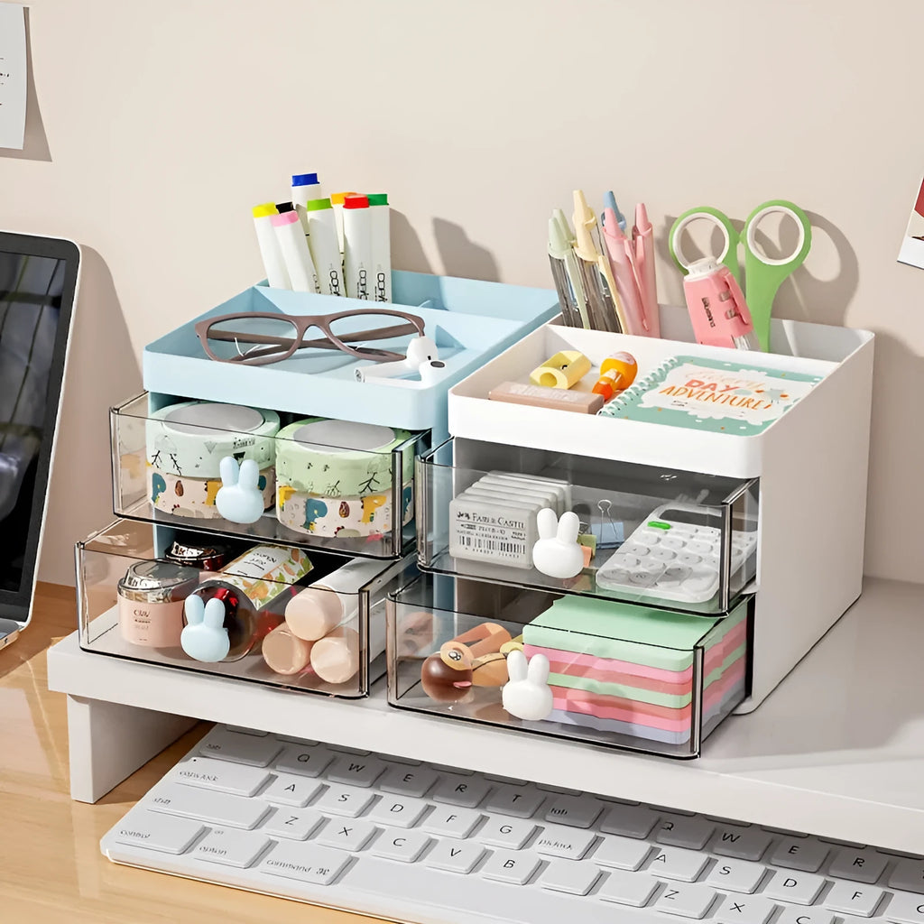 Transparent drawer desktop storage organiser box with internal partitions in pink colour