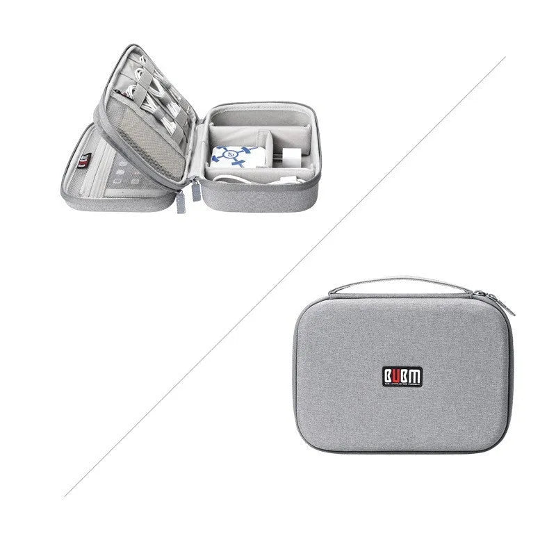 Black EVA digital storage bag shaped like a handbag for organising headphones and cables.