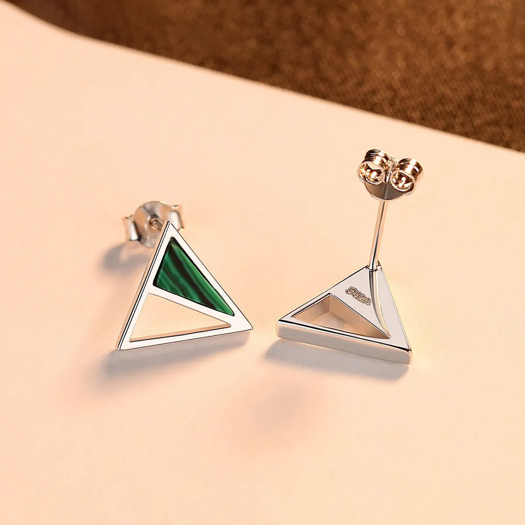 Geometric malachite stud earrings in silver with green colour, Korean style, pure silver inlay