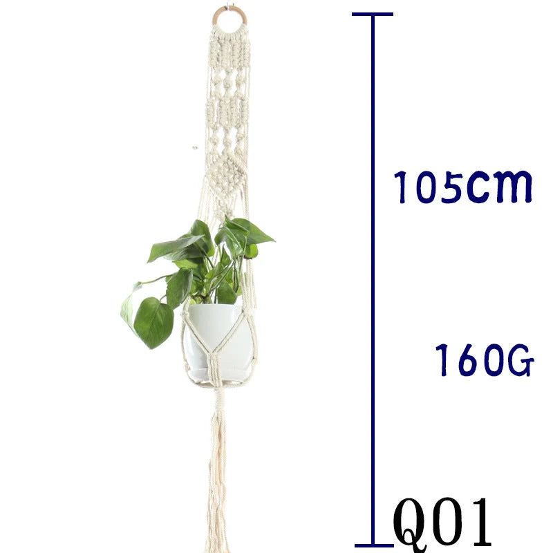 Handmade beige cotton rope flower pot net bag for indoor plants, American Country style