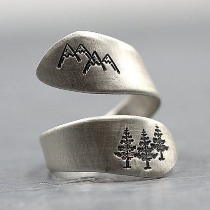 Mountain forest opening adjustable ring in ancient silver, lightweight and durable alloy construction