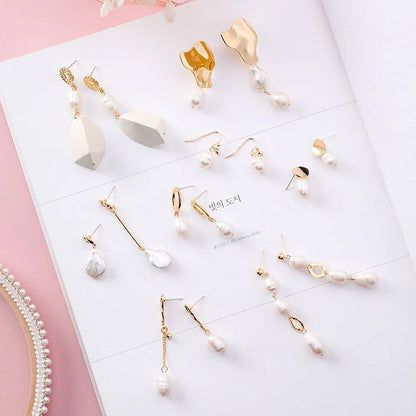 Vintage geometric pearl asymmetric earrings with 925 silver hooks, perfect for adding elegance to any outfit.