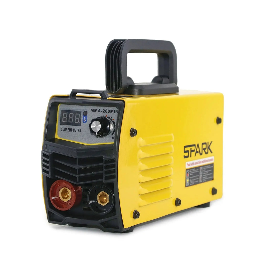 MMA-200MIN 220V inverter DC welding machine with welding tongs and face shield on a workbench.