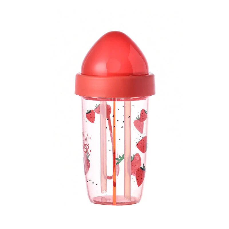 Double straw water cup with leak-proof design and cartoon patterns