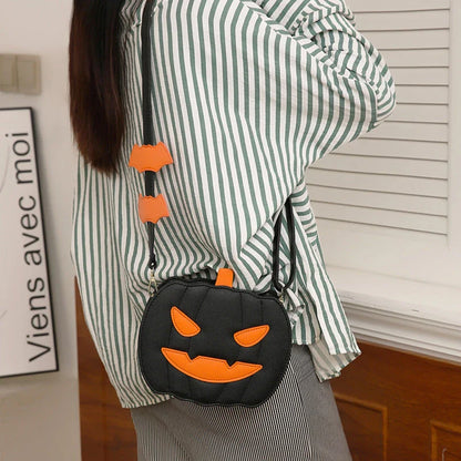 Stylish pumpkin cartoon shoulder bag with adjustable strap and vibrant color options for Halloween fashion