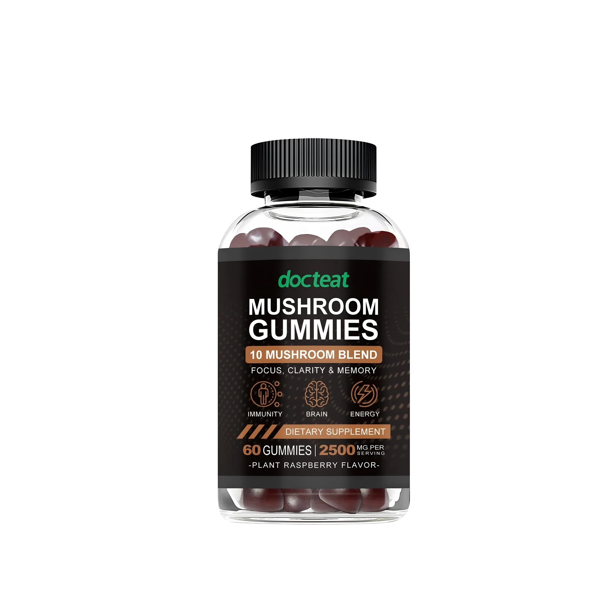 Container of mushroom dietary supplement gummies showing 60 soft candies in PET packaging