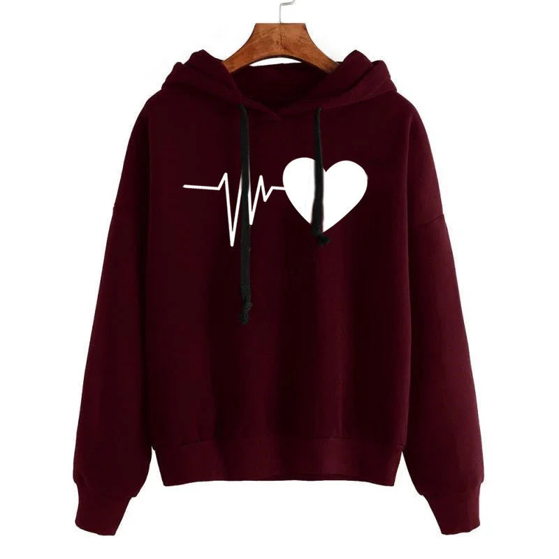 Women's Heart Print Streetwear Hoodie in various colours and sizes