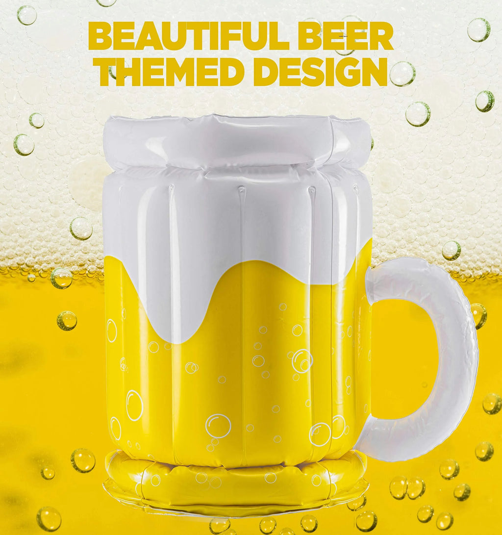 Large yellow inflatable beer mug cooler floating in swimming pool with drinks