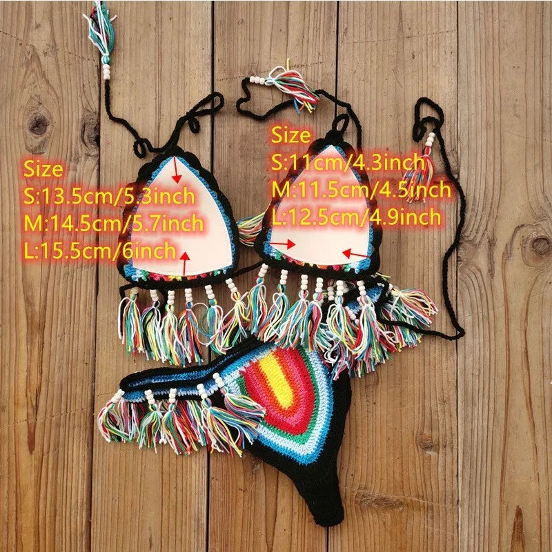 Handmade crochet bikini swimsuit in rainbow cotton with tassel detail, padded without underwire