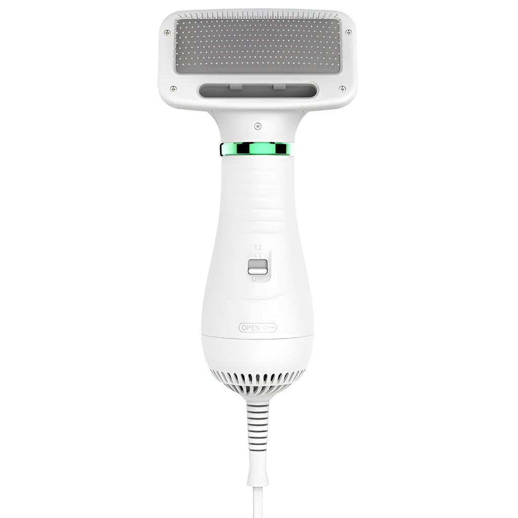 White all-in-one pet hair brush and hair dryer with two heat settings and 2-metre cord for dogs and cats