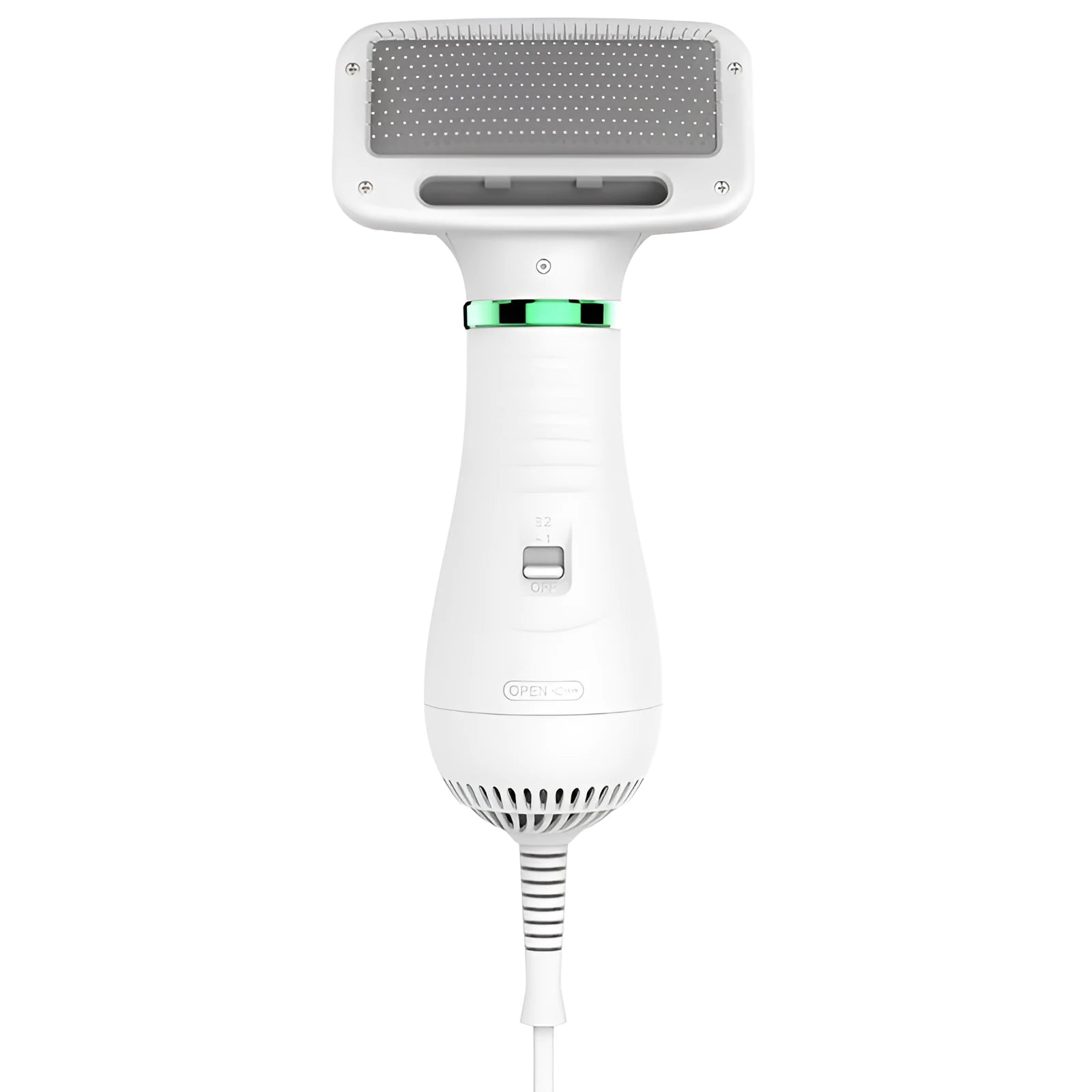 White all-in-one pet hair brush and hair dryer with two heat settings and 2-metre cord for dogs and cats