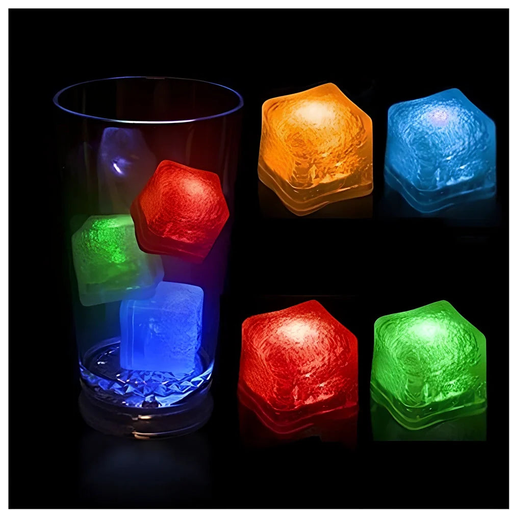 Square colourful LED light ice cube glowing in blue or pink, food-grade for safe drink use, battery-powered 5W