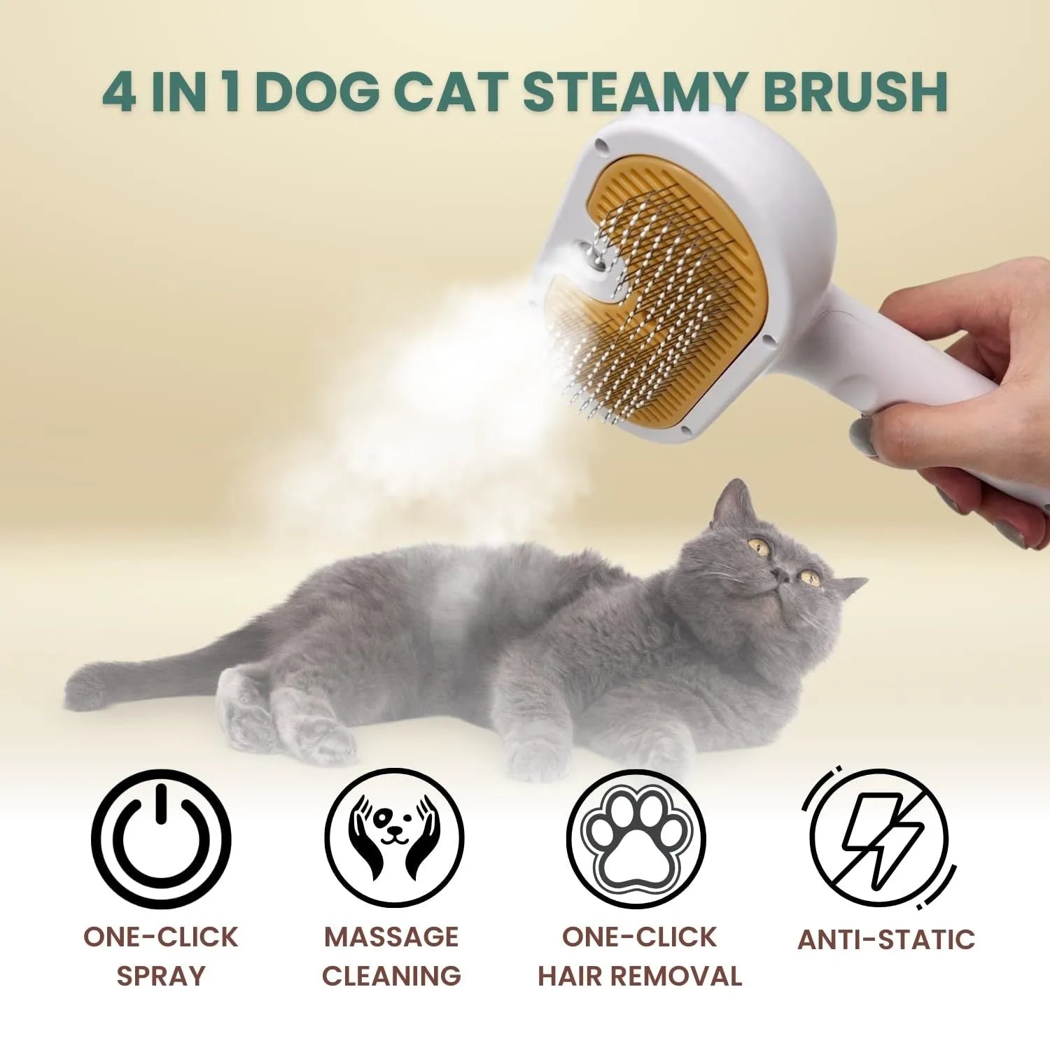 White pet grooming brush with steam spray function and self-cleaning mechanism for dogs and cats