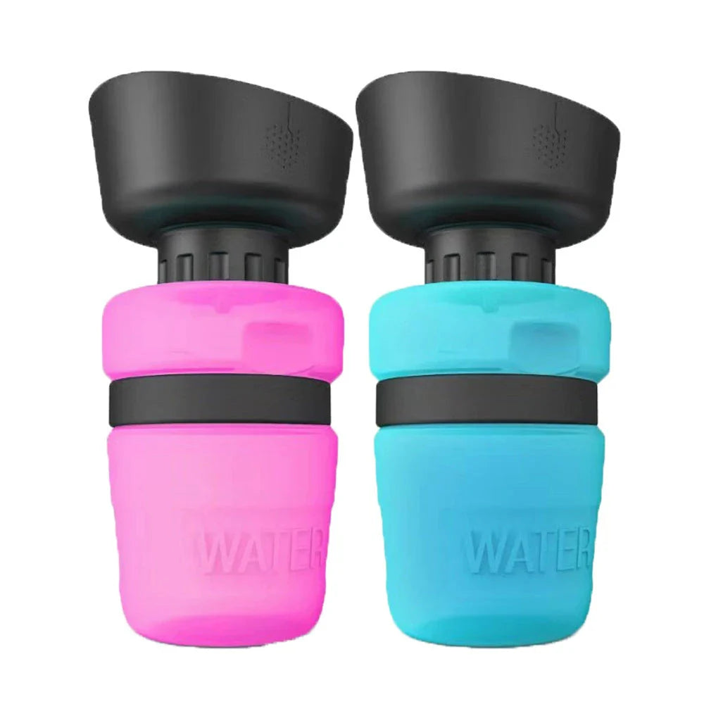 Foldable dog water bottle with integrated bowl in blue, rose red, and tiffany blue