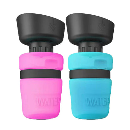 Foldable dog water bottle with integrated bowl in blue, rose red, and tiffany blue