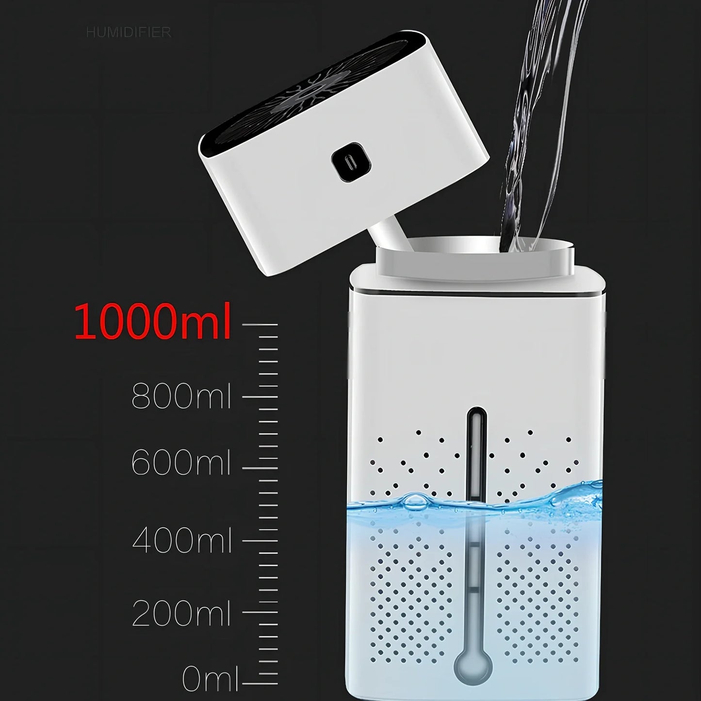 Black and white air purifier humidifier with LED lights and water tank for desktop use