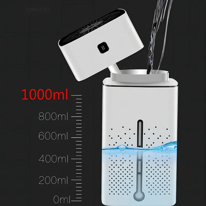 Black and white air purifier humidifier with LED lights and water tank for desktop use