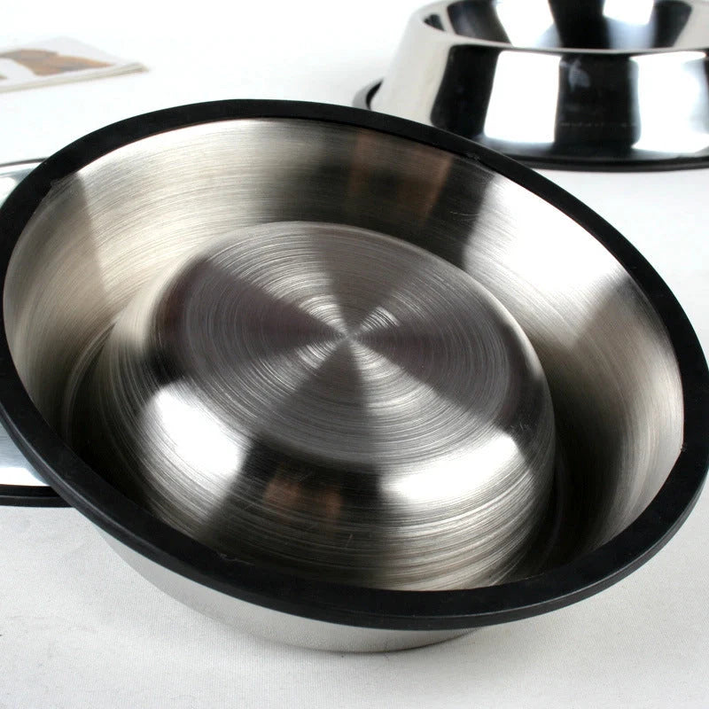 Stainless steel pet bowls with non-slip base, available in multiple sizes