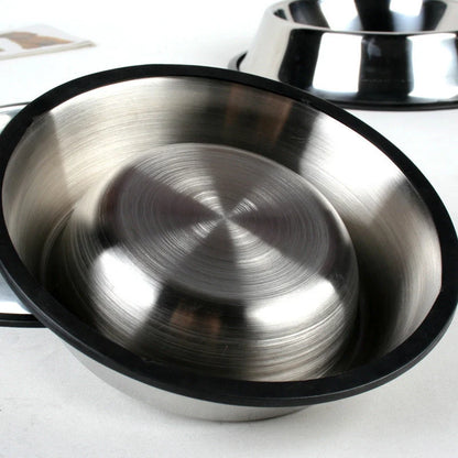 Stainless steel pet bowls with non-slip base, available in multiple sizes
